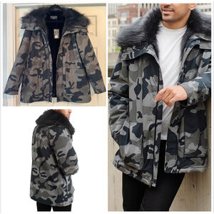 New w/ Tags Fabulous Furs Anorak Coat Size L Camo Gray Faux Fur Trim